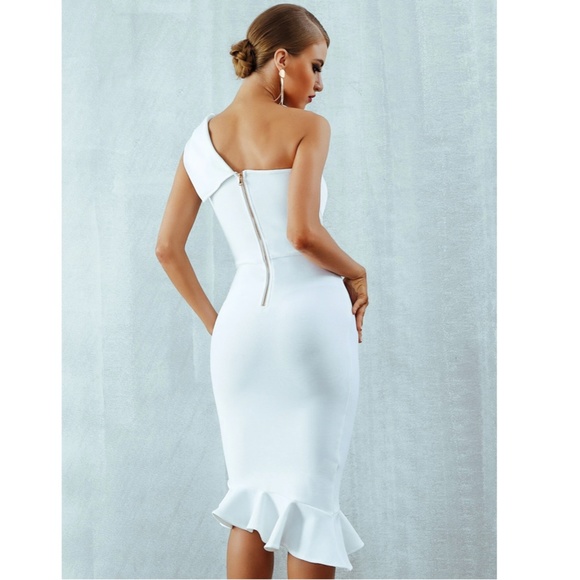 Bandage Asymmetrical Midi Dress White Ruffle Hem One Shoulder - Picture 8 of 16